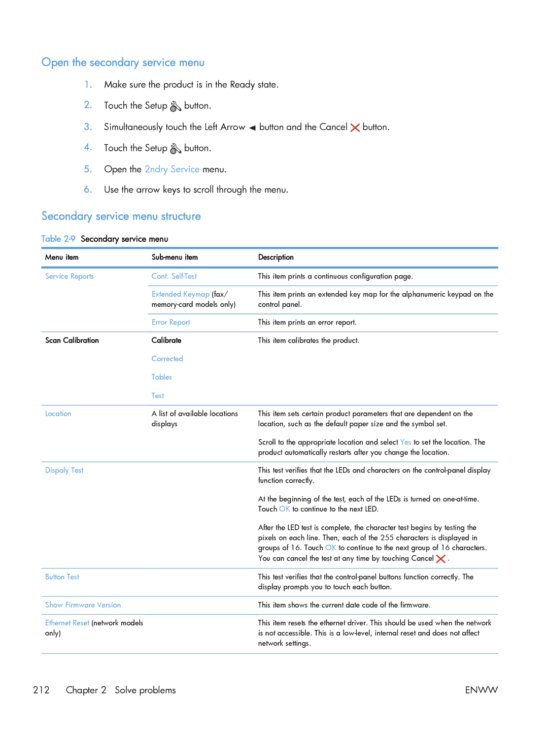 HP M475 CE863A manual Open the secondary service menu, Secondary service menu structure, 9Secondary service menu 