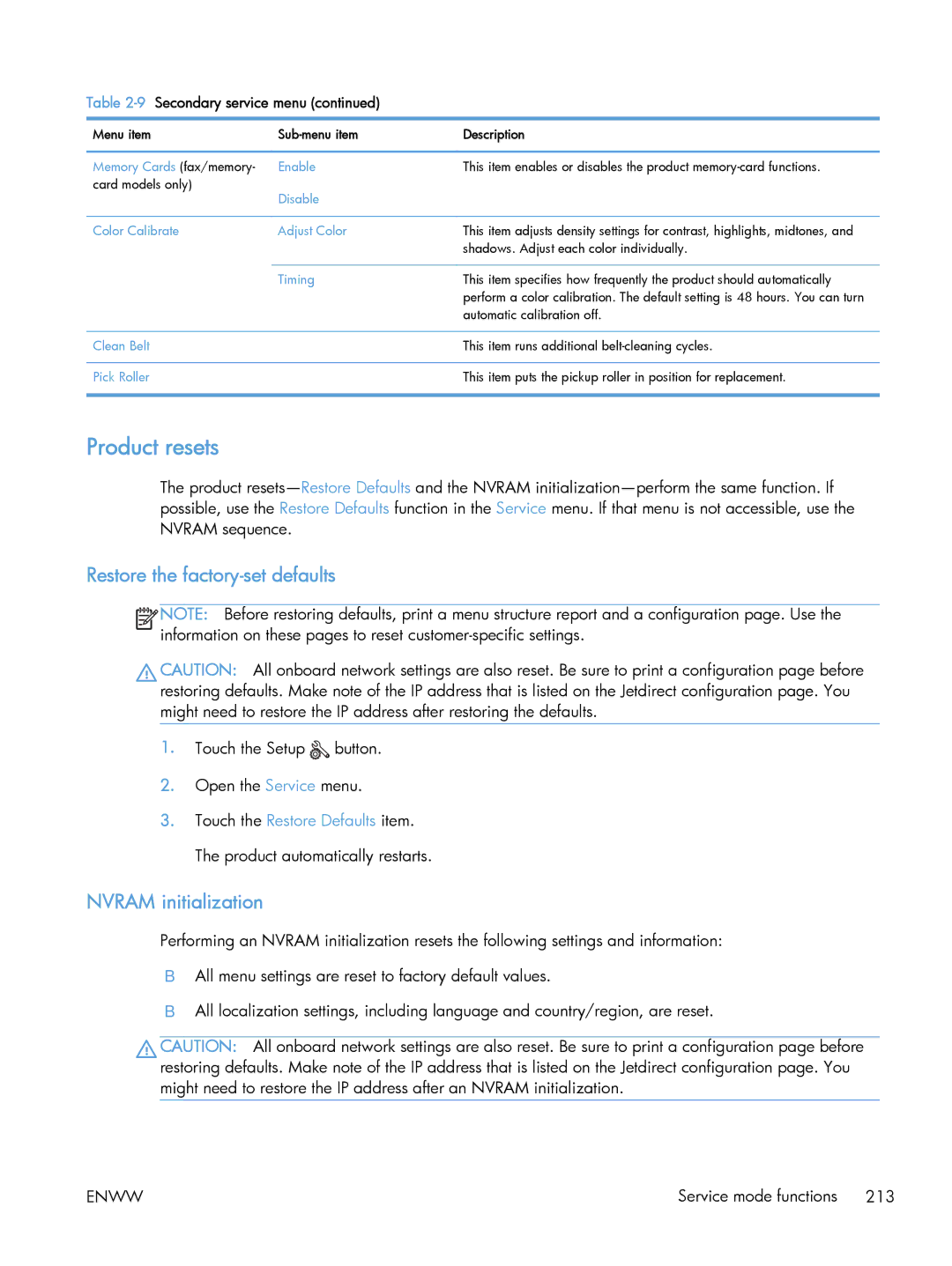 HP CLJ M375NW PRO 300 CE903A#BGJ, M475 CE863A manual Product resets, Restore the factory-set defaults, Nvram initialization 