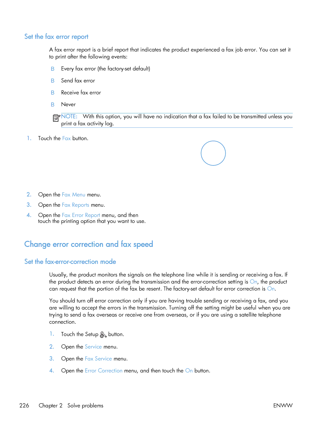 HP M475 CE863A manual Change error correction and fax speed, Set the fax error report, Set the fax-error-correction mode 