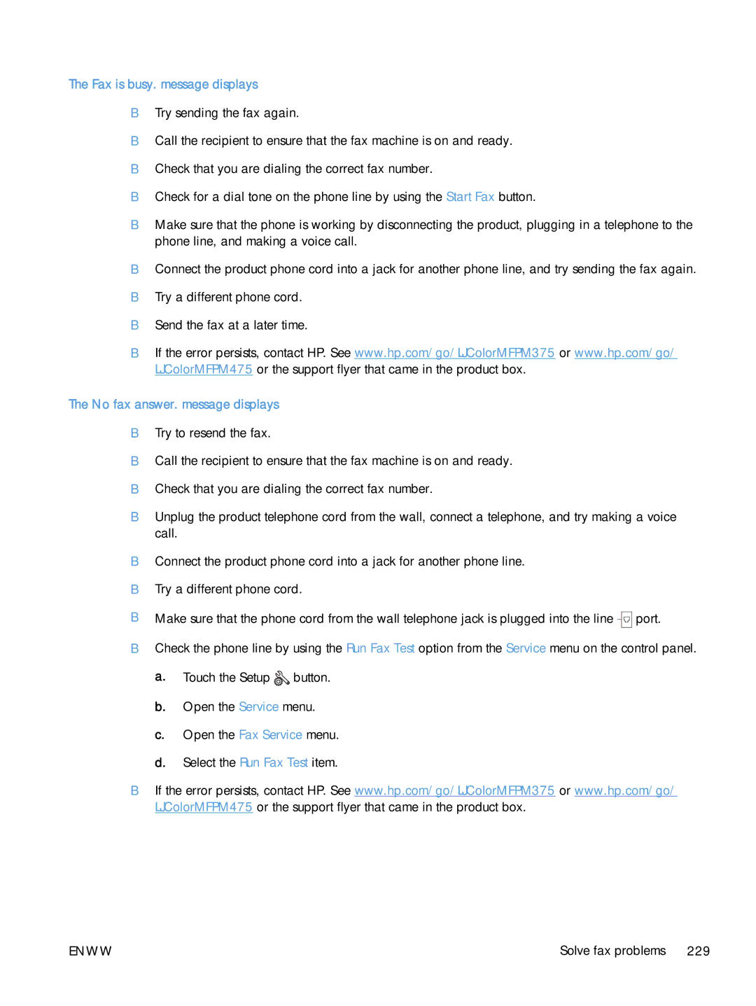 HP CLJ M375NW PRO 300 CE903A#BGJ, M475 CE863A manual Fax is busy. message displays, No fax answer. message displays 