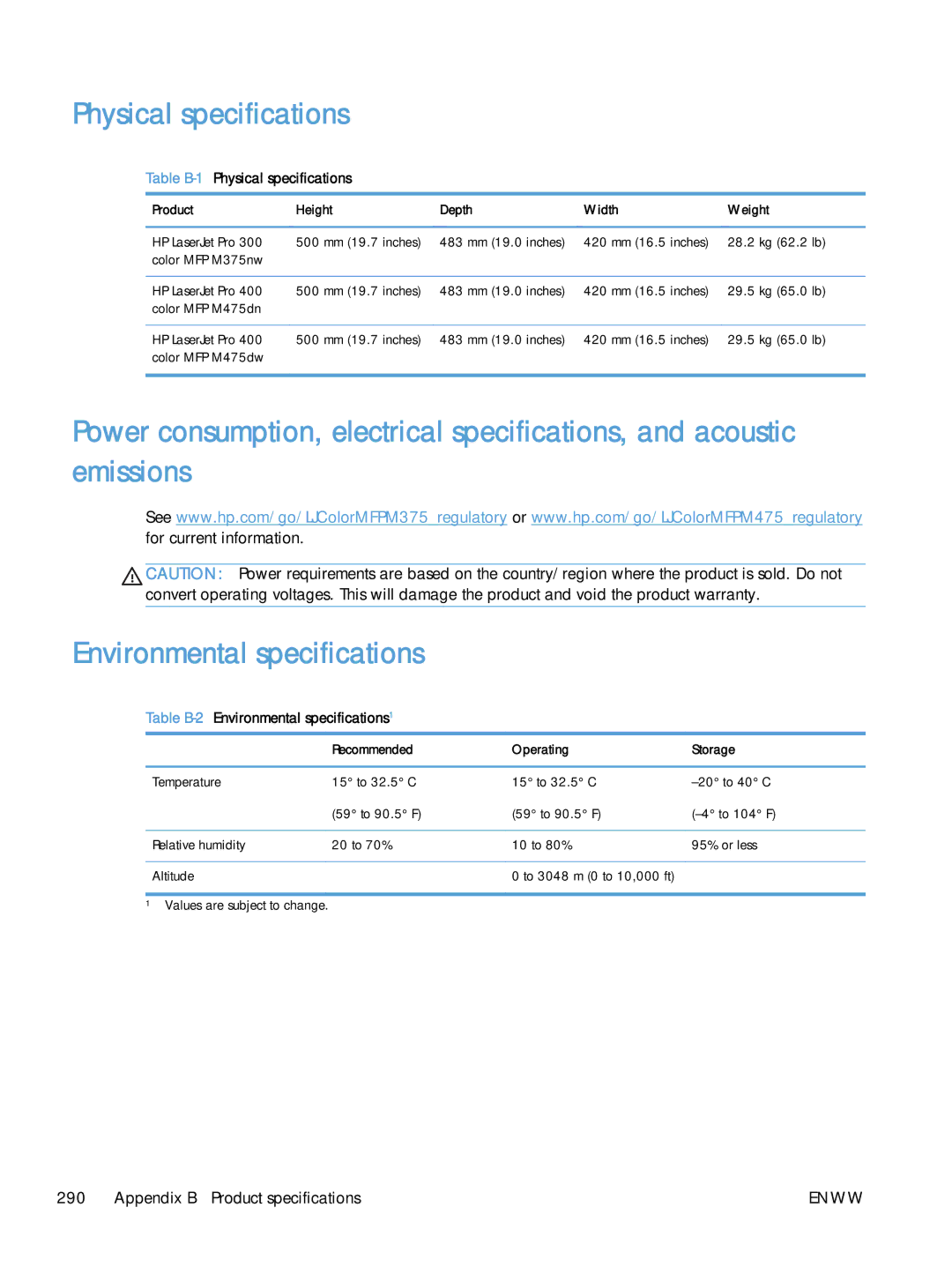 HP M475 CE863A Table B-1Physical specifications, Table B-2Environmental specifications1, Recommended Operating Storage 