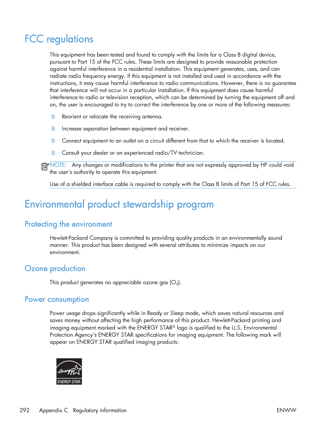 HP M475 CE863A FCC regulations, Environmental product stewardship program, Protecting the environment, Ozone production 