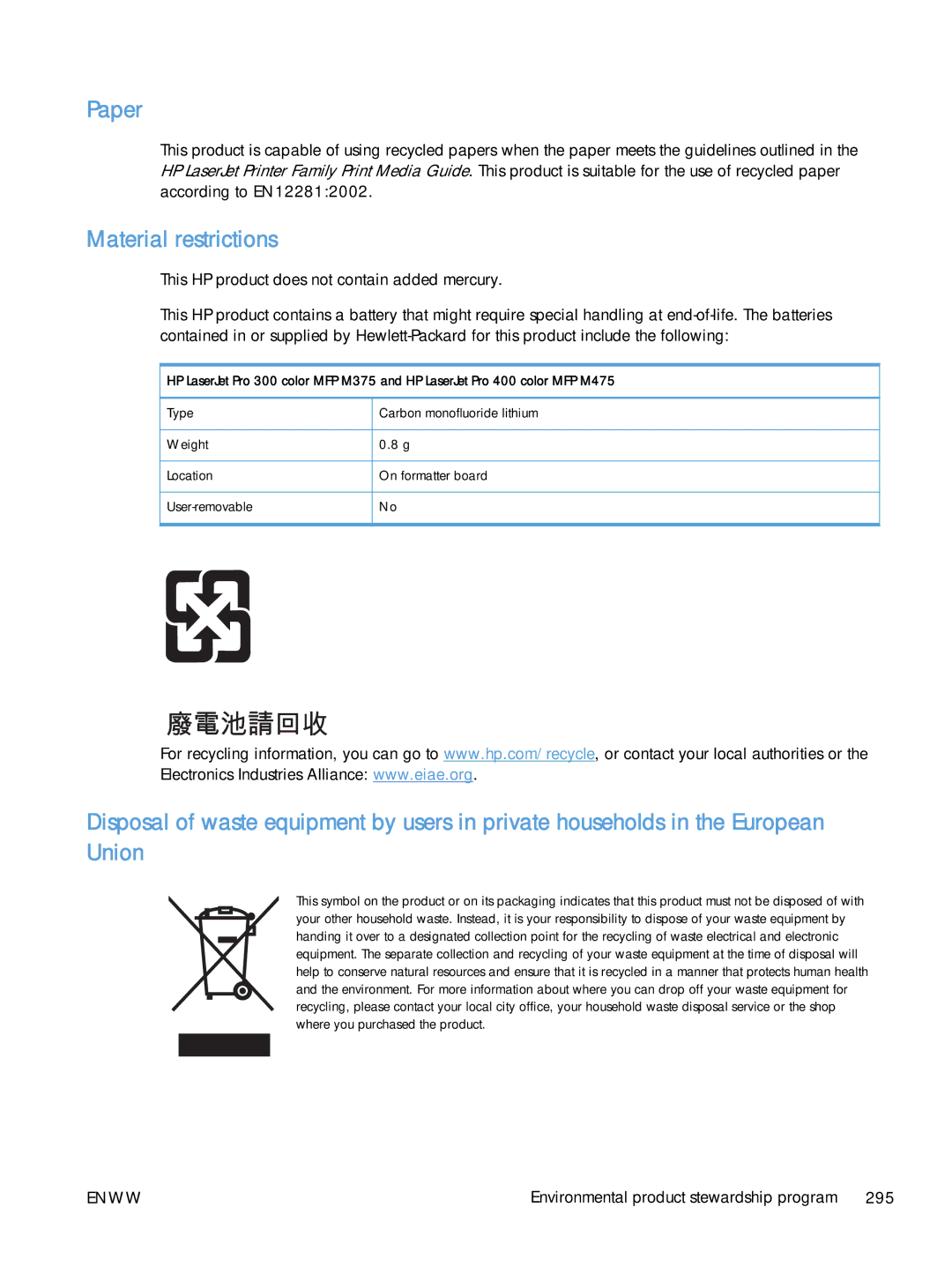 HP CLJ M375NW PRO 300 CE903A#BGJ, M475 CE863A manual Paper, Material restrictions 