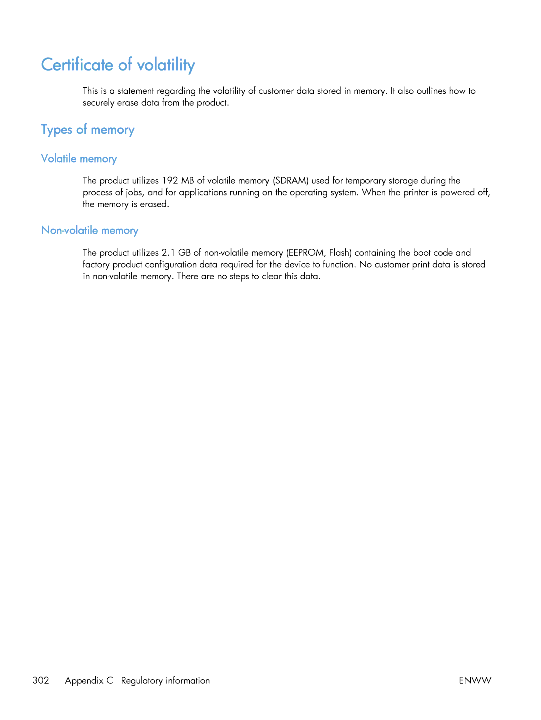 HP M475 CE863A manual Certificate of volatility, Types of memory, Volatile memory, Non-volatile memory 