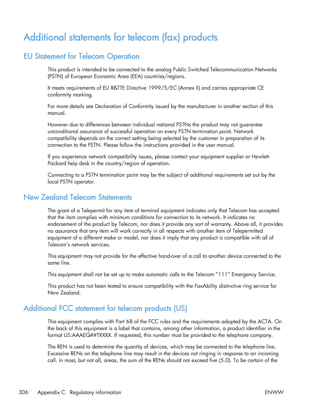 HP M475 CE863A manual Additional statements for telecom fax products, EU Statement for Telecom Operation 