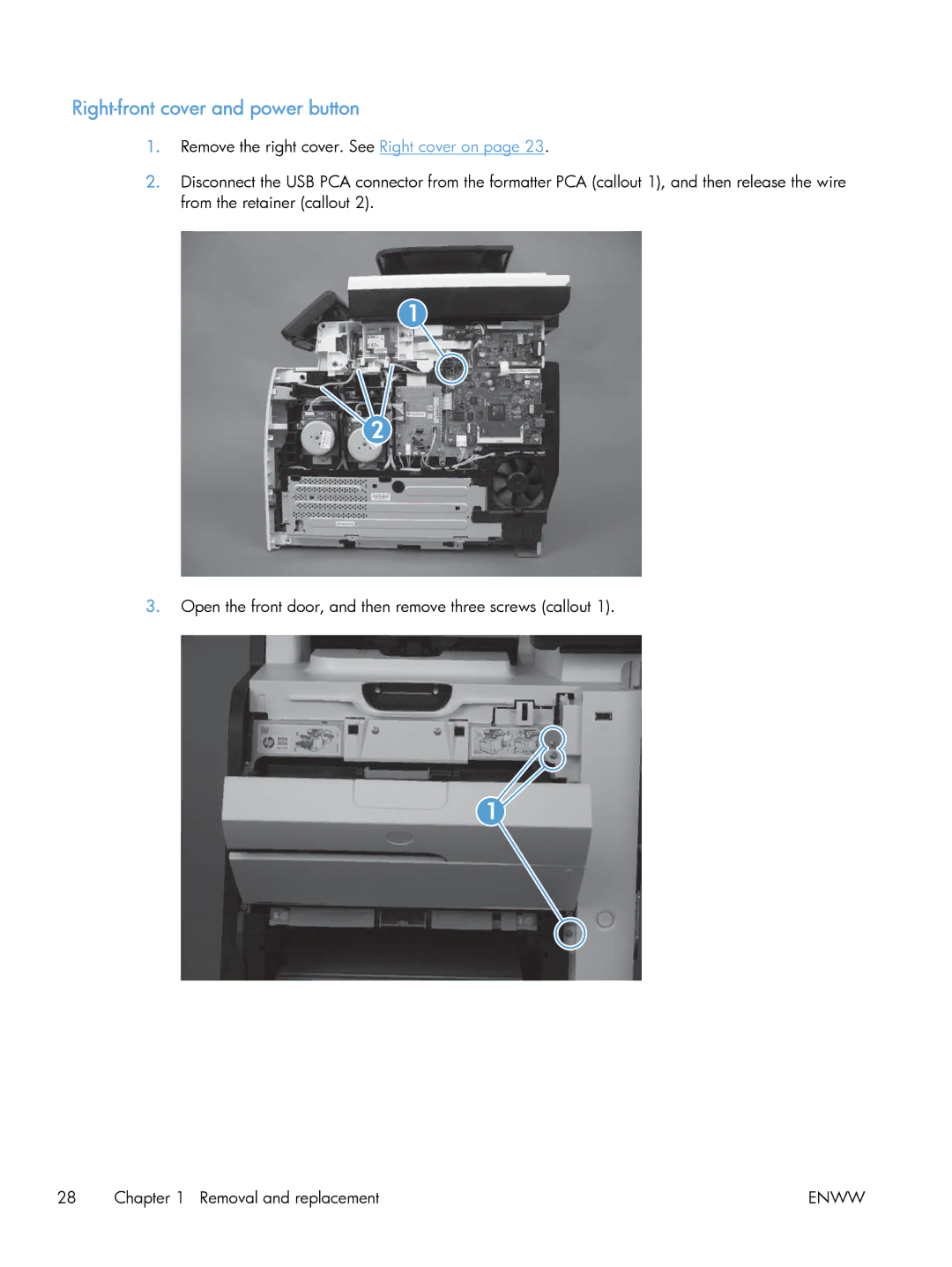 HP M475 CE863A, CLJ M375NW PRO 300 CE903A#BGJ manual Right-front cover and power button 