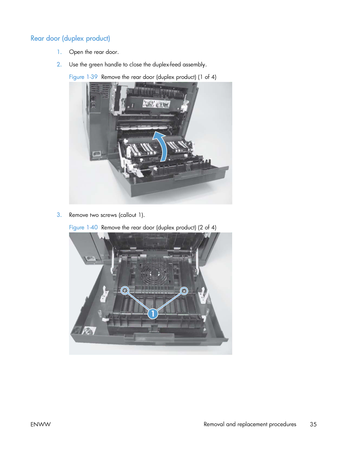 HP CLJ M375NW PRO 300 CE903A#BGJ, M475 CE863A manual Rear door duplex product, 40Remove the rear door duplex product 2 