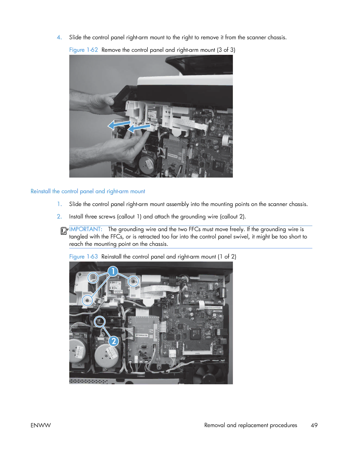 HP CLJ M375NW PRO 300 CE903A#BGJ, M475 CE863A manual Reinstall the control panel and right-arm mount 