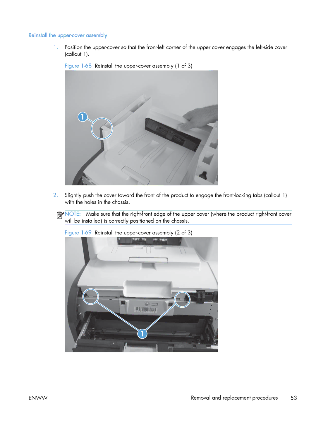 HP CLJ M375NW PRO 300 CE903A#BGJ, M475 CE863A manual 69Reinstall the upper-cover assembly 2 