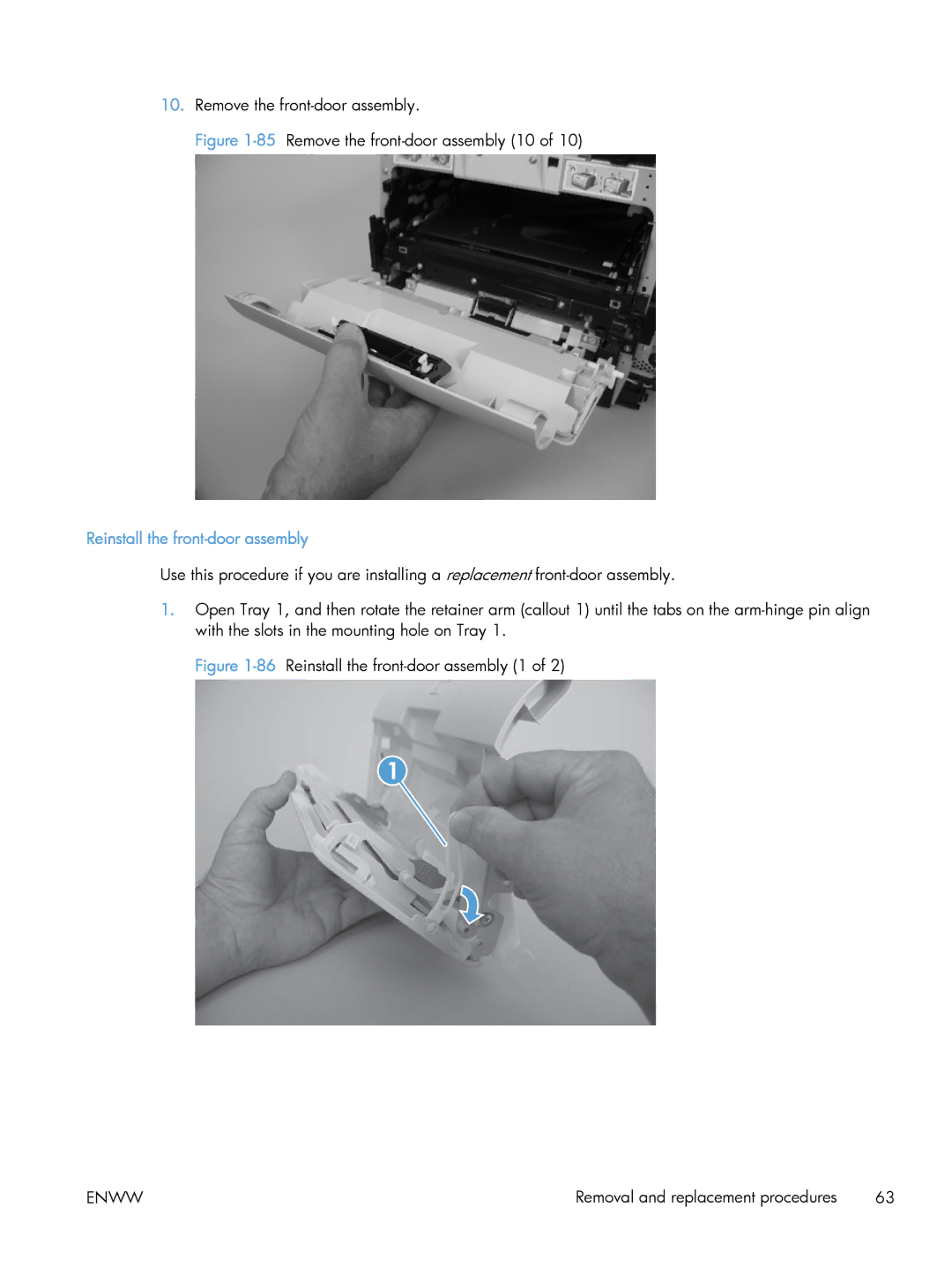 HP CLJ M375NW PRO 300 CE903A#BGJ, M475 CE863A manual 85Remove the front-door assembly 10, Reinstall the front-door assembly 