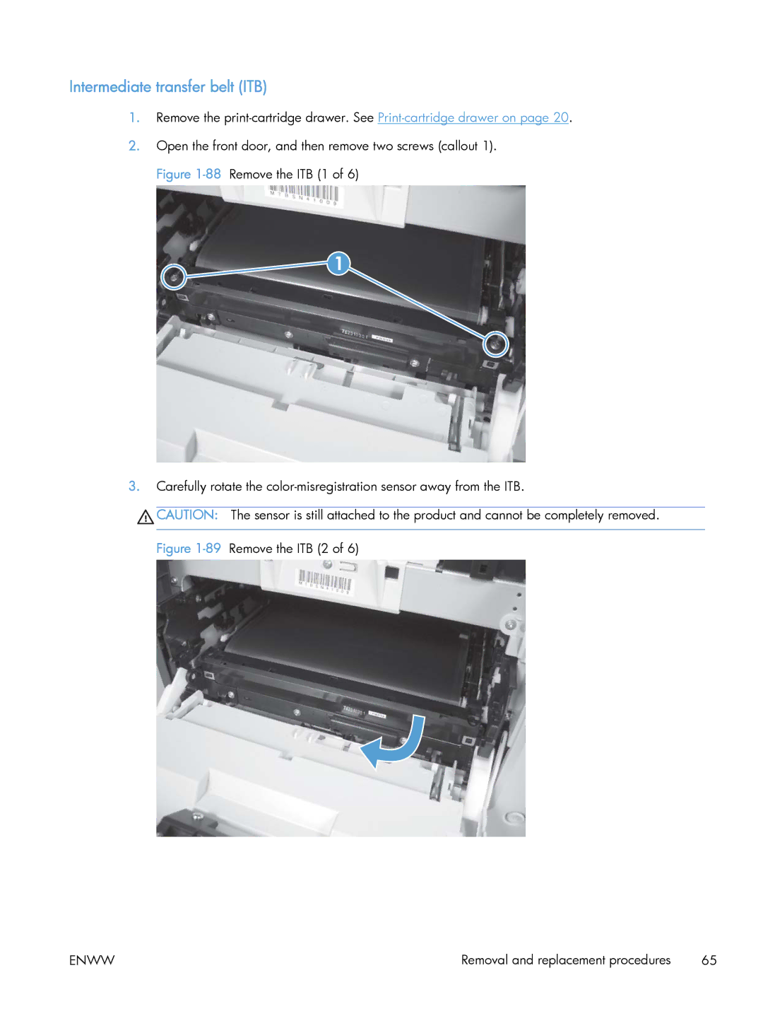 HP CLJ M375NW PRO 300 CE903A#BGJ, M475 CE863A manual Intermediate transfer belt ITB, 89Remove the ITB 2 