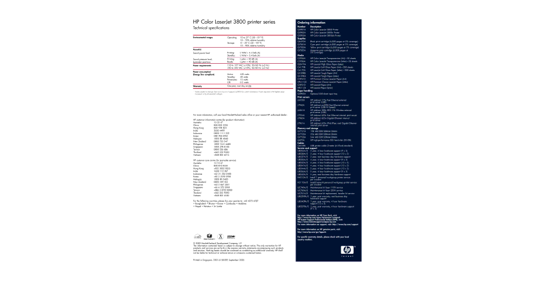 HP CLJ3800 manual Technical specifications 