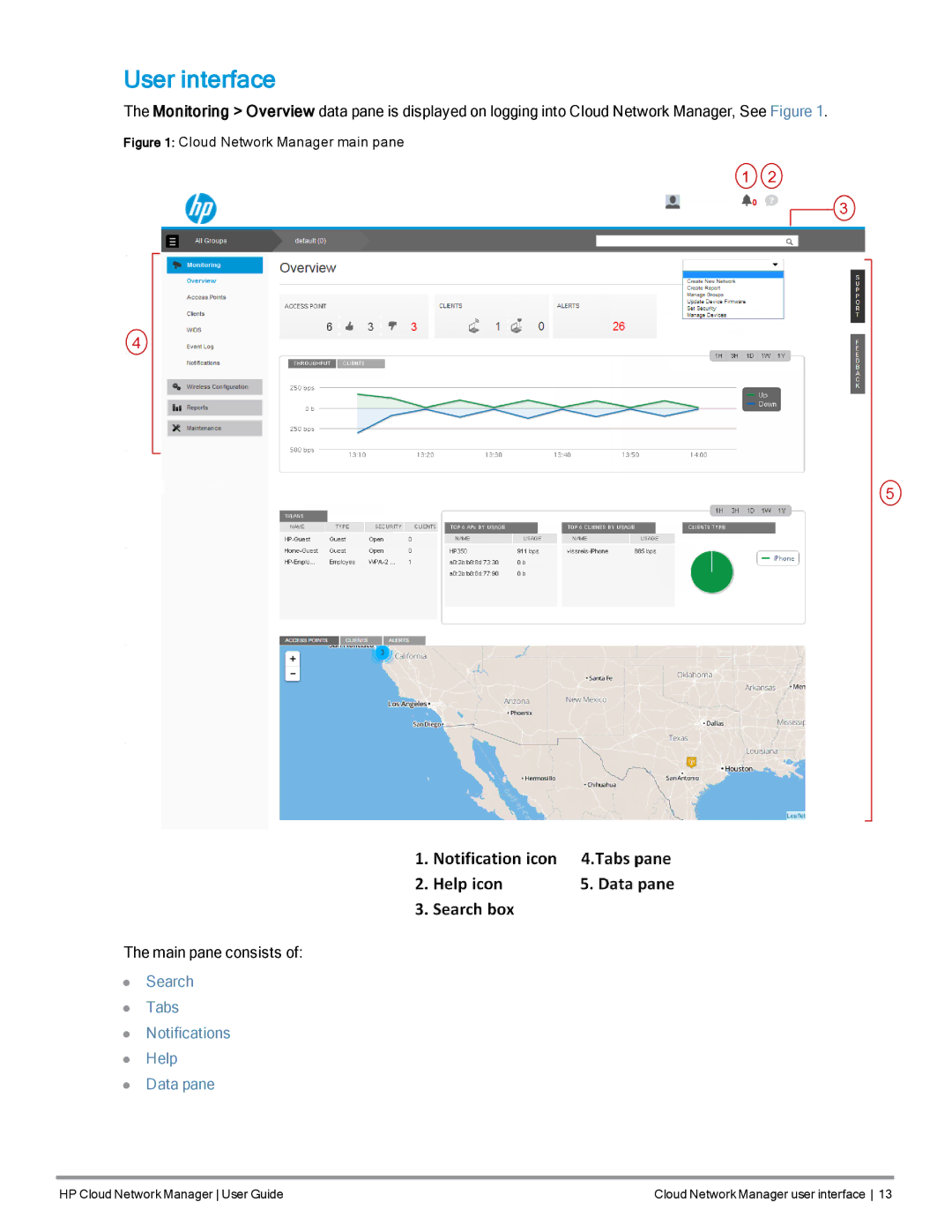 HP Cloud Network Manager Software manual User interface, Search Tabs Notifications Help Data pane 