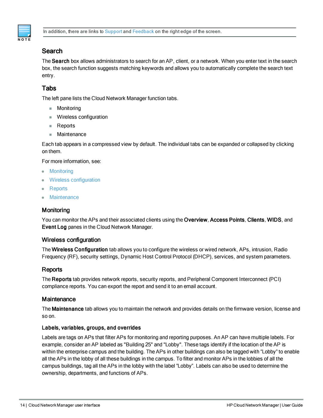 HP Cloud Network Manager Software manual Search, Tabs 