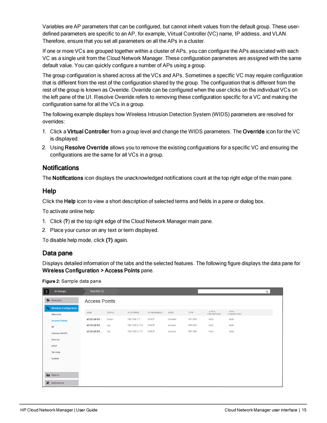 HP Cloud Network Manager Software manual Notifications, Help, Data pane 