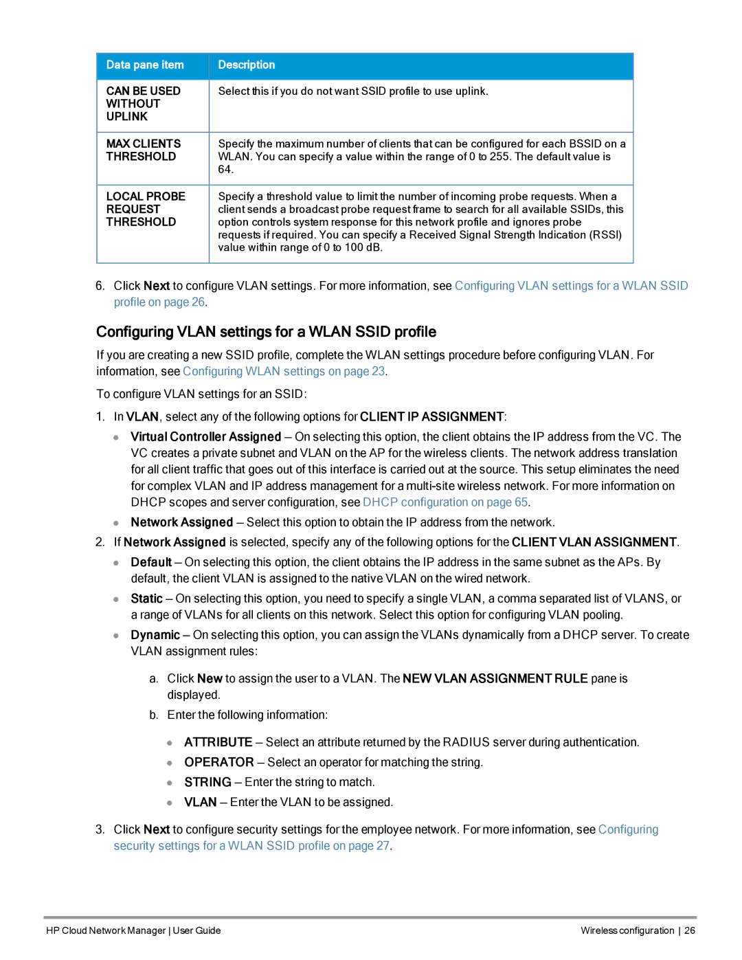 HP Cloud Network Manager Software Configuring Vlan settings for a Wlan Ssid profile, Can be Used, Local Probe, Request 