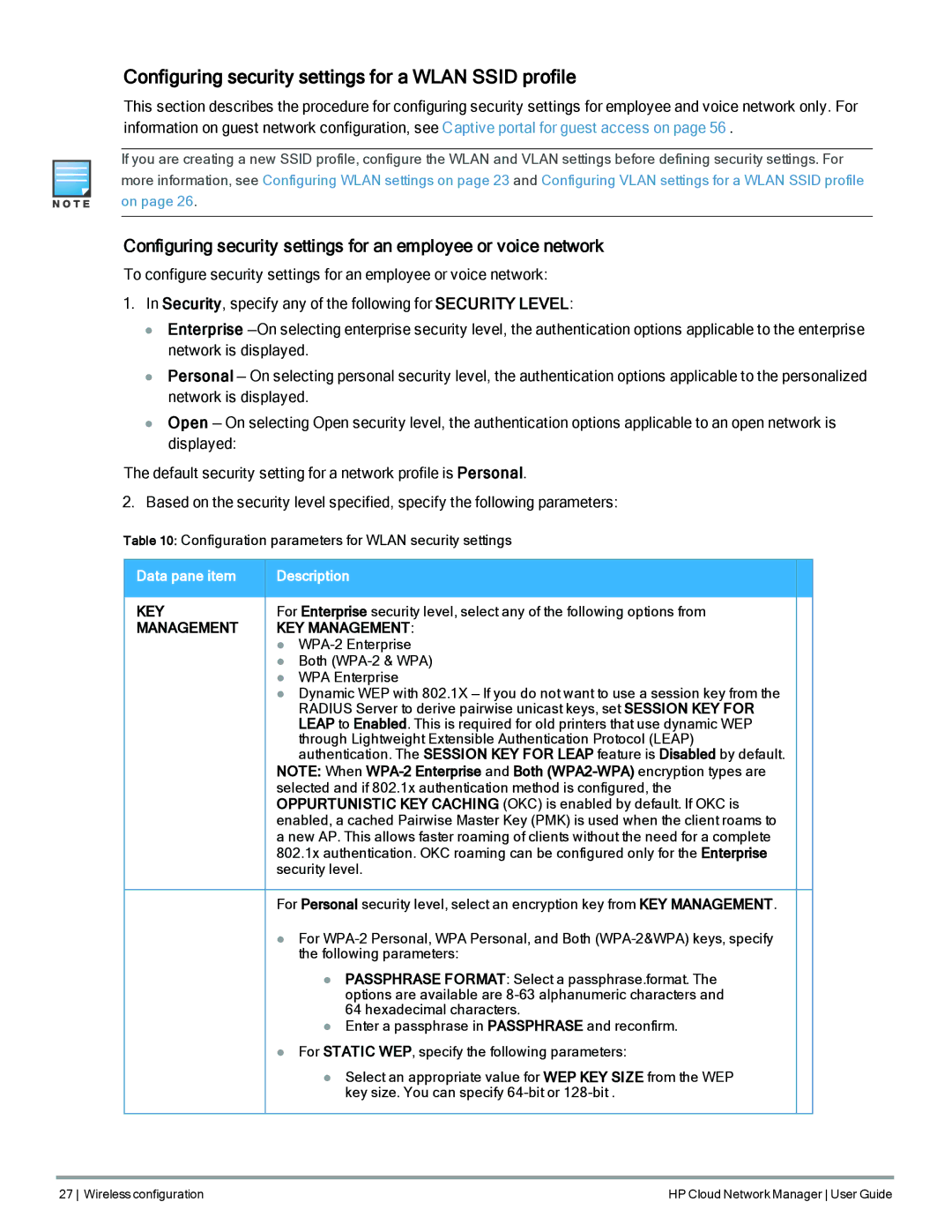 HP Cloud Network Manager Software Configuring security settings for a Wlan Ssid profile, Key, Management KEY Management 