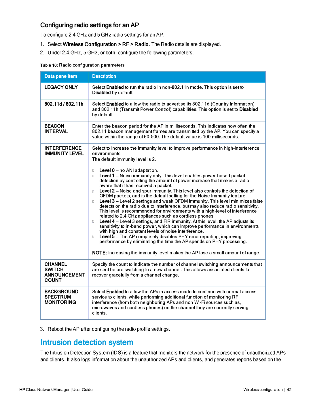 HP Cloud Network Manager Software manual Intrusion detection system, Configuring radio settings for an AP 