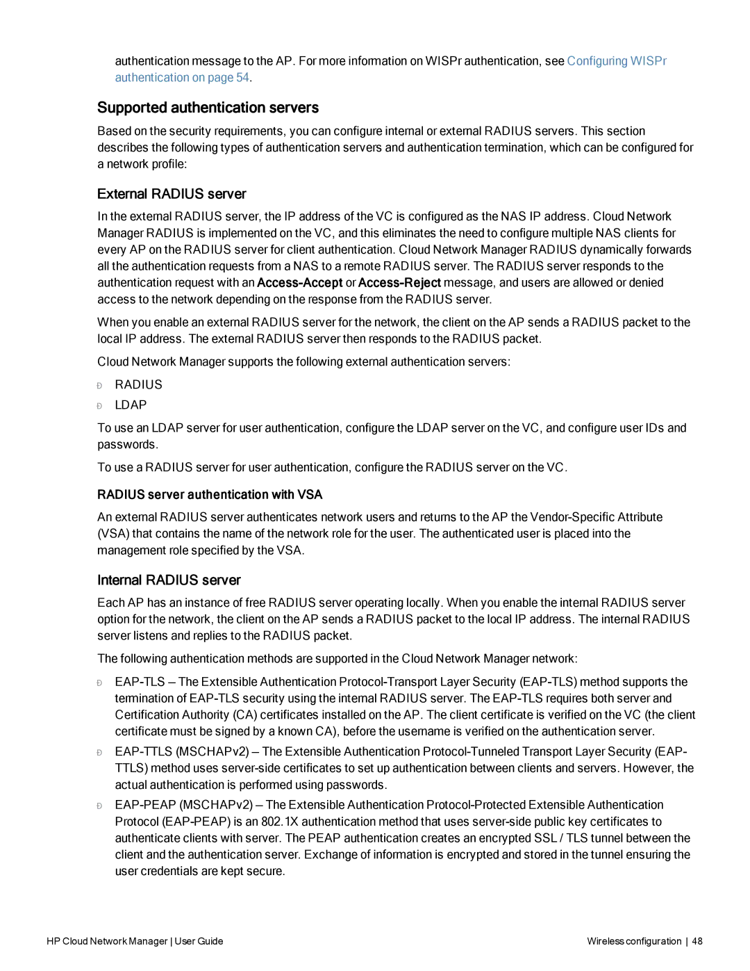 HP Cloud Network Manager Software manual Supported authentication servers, External Radius server, Internal Radius server 