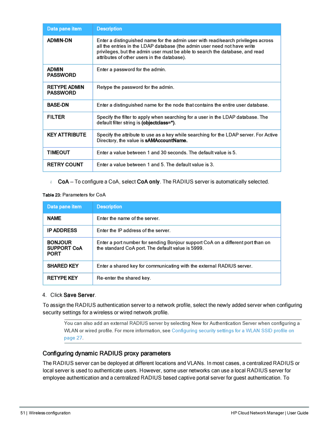 HP Cloud Network Manager Software manual Configuring dynamic Radius proxy parameters, Click Save Server 