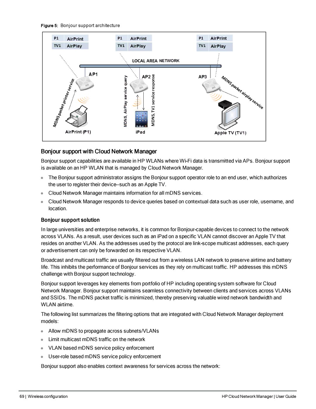 HP Cloud Network Manager Software manual Bonjour support with Cloud Network Manager, Bonjour support solution 