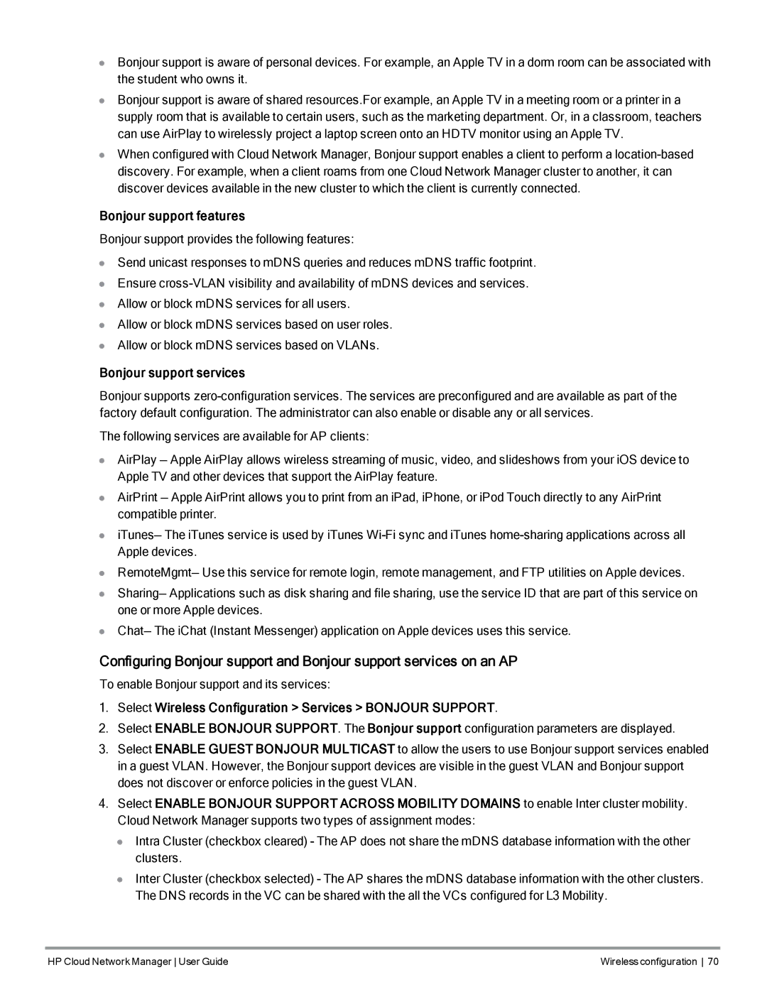 HP Cloud Network Manager Software manual Bonjour support features, Bonjour support services 