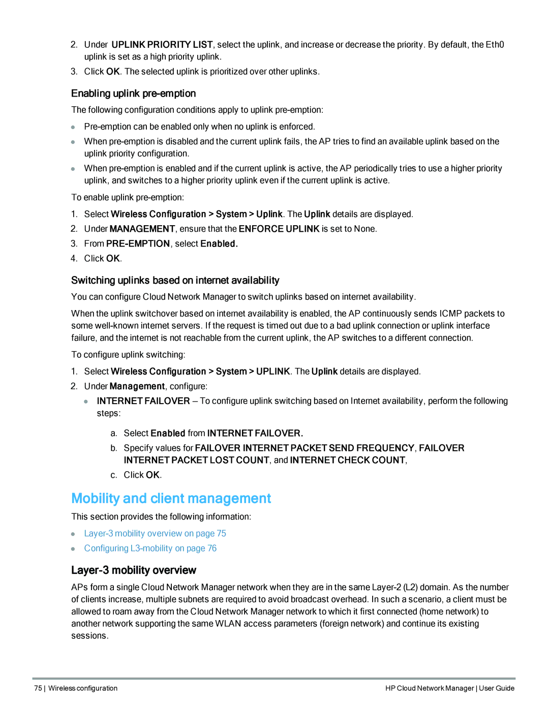 HP Cloud Network Manager Software Mobility and client management, Layer-3 mobility overview, Enabling uplink pre-emption 