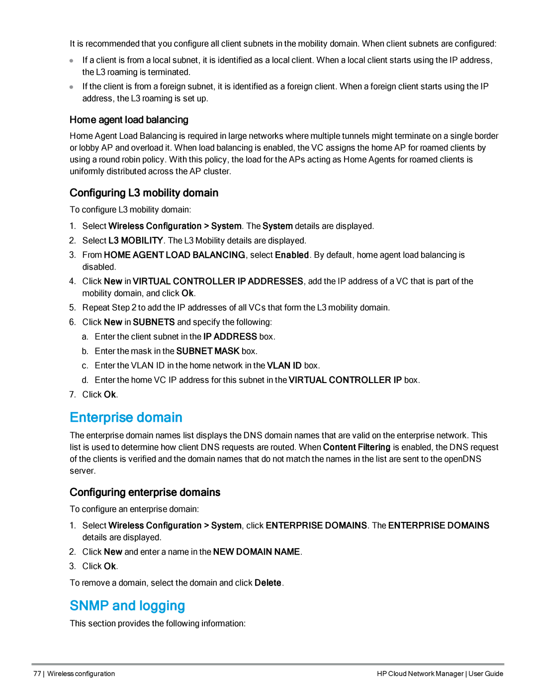 HP Cloud Network Manager Software manual Enterprise domain, Snmp and logging, Configuring L3 mobility domain 