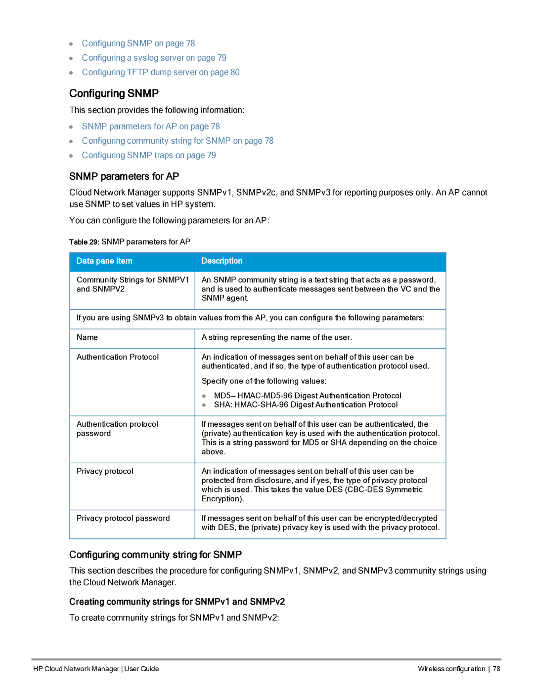 HP Cloud Network Manager Software manual Configuring Snmp, Snmp parameters for AP, Configuring community string for Snmp 