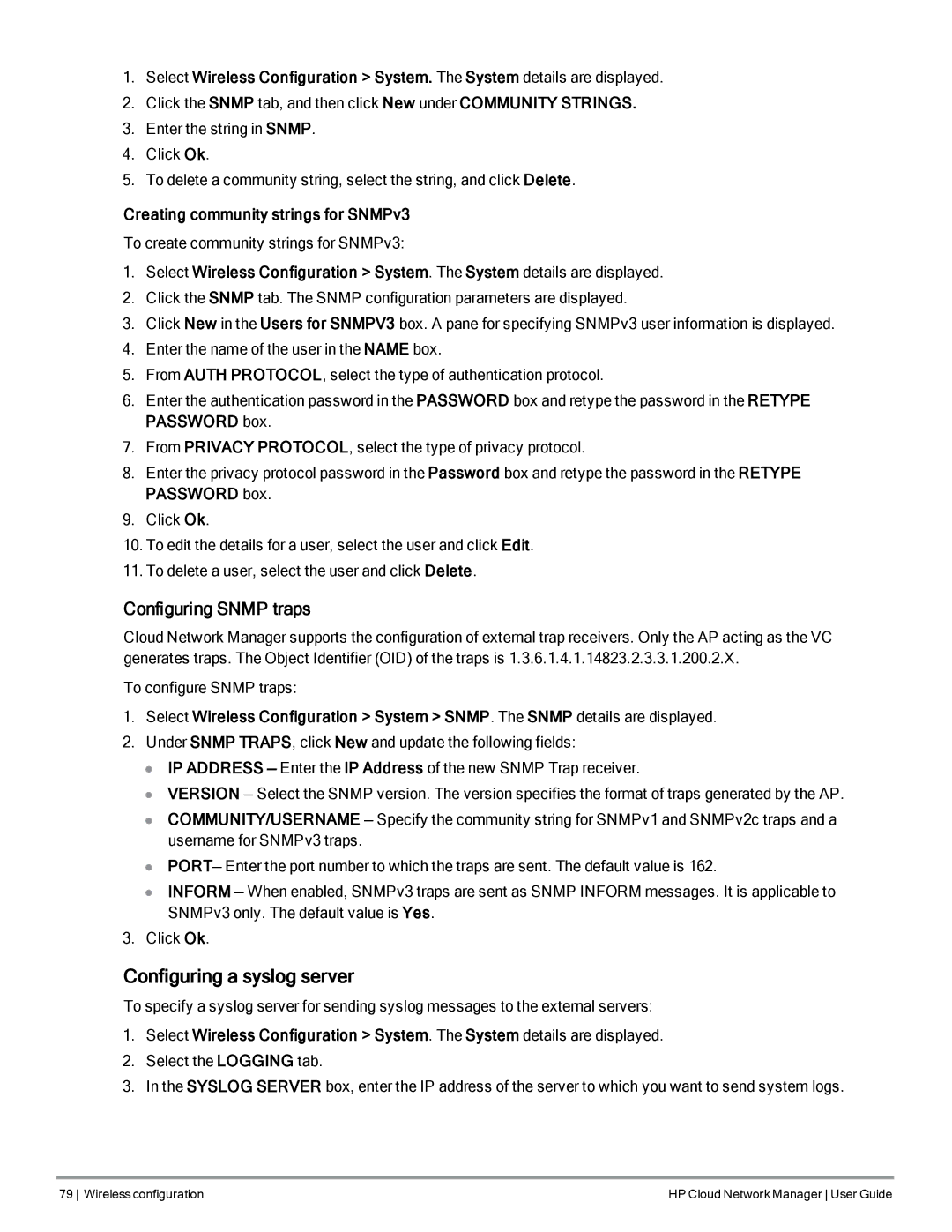HP Cloud Network Manager Software manual Configuring a syslog server, Configuring Snmp traps 