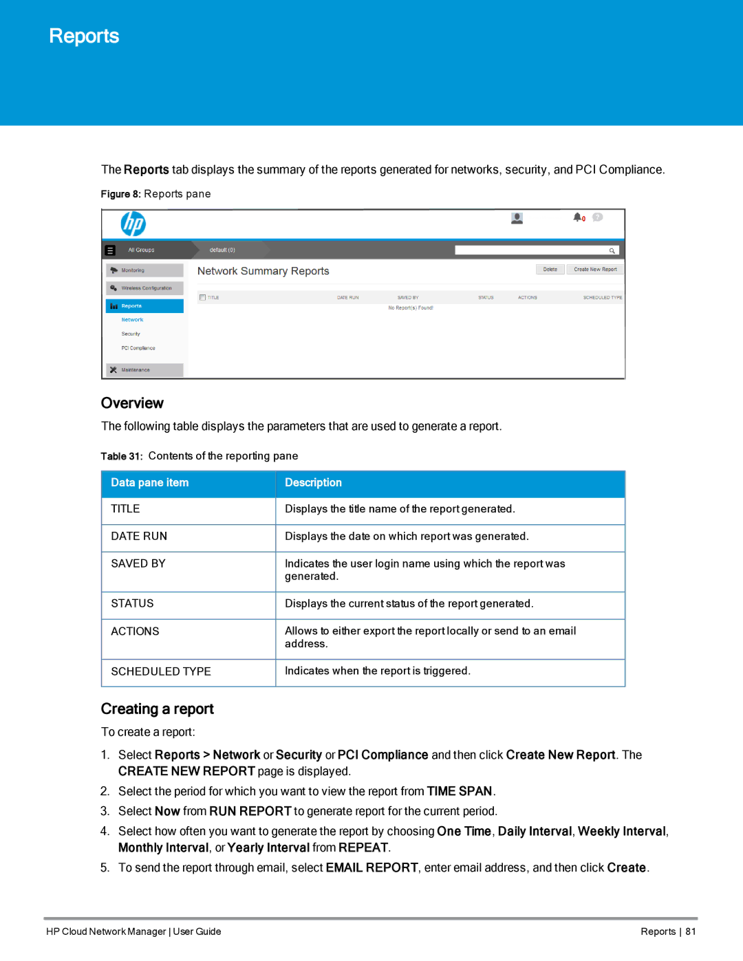 HP Cloud Network Manager Software manual Reports, Creating a report 