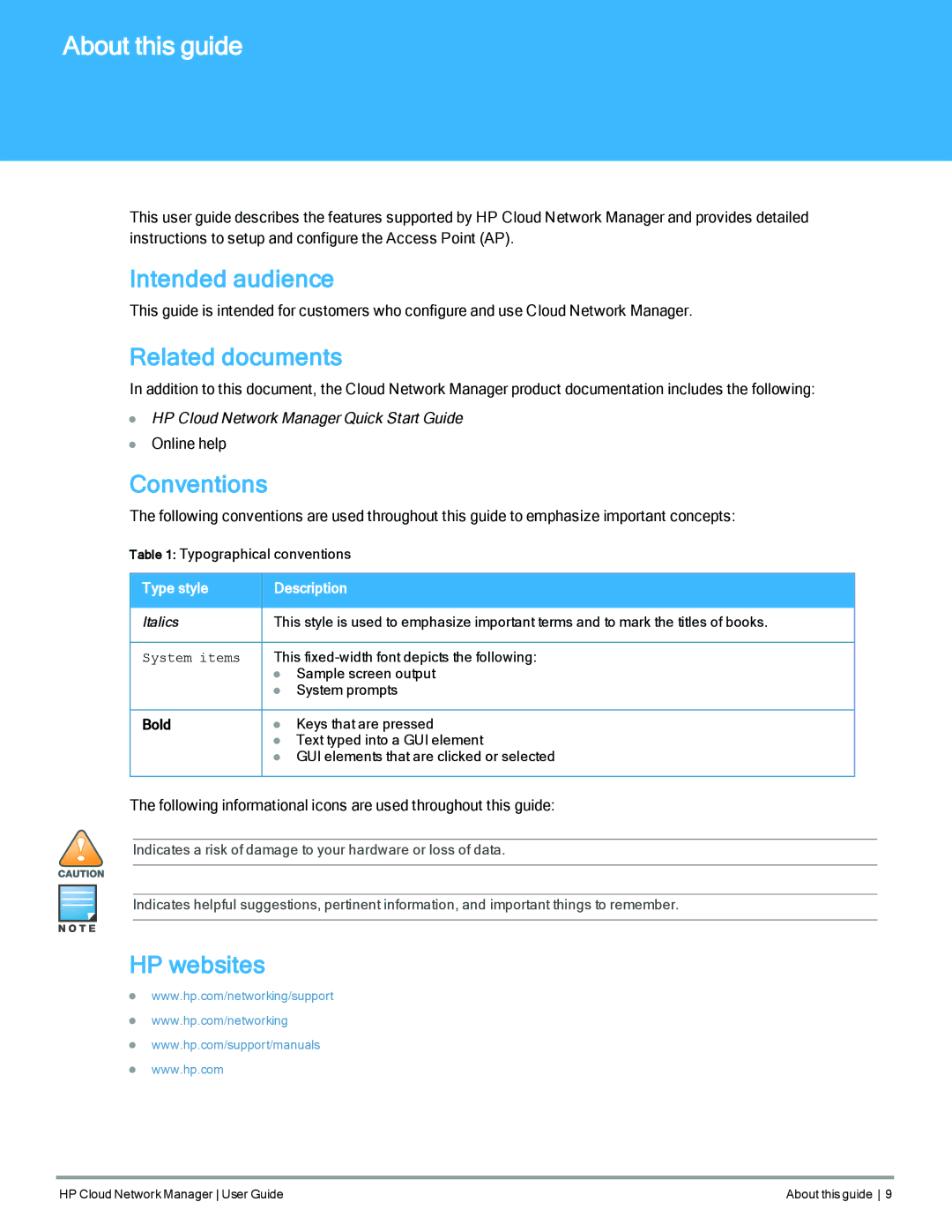 HP Cloud Network Manager Software manual About this guide, Intended audience, Related documents, Conventions, HP websites 