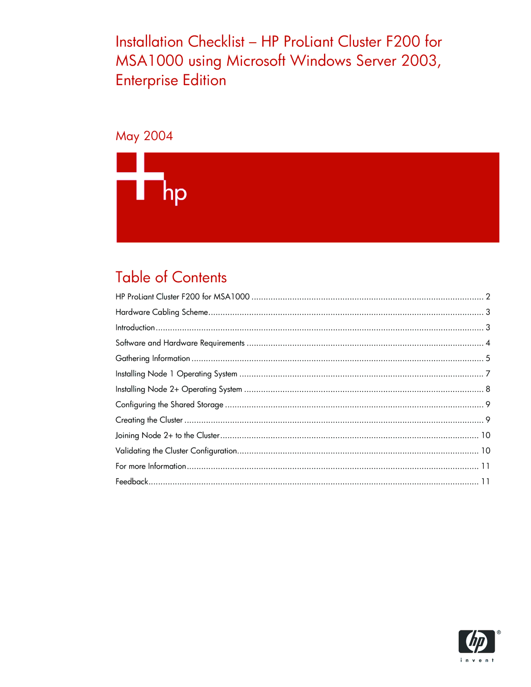 HP Cluster F200 for MSA1000 MSA1000 manual Table of Contents 