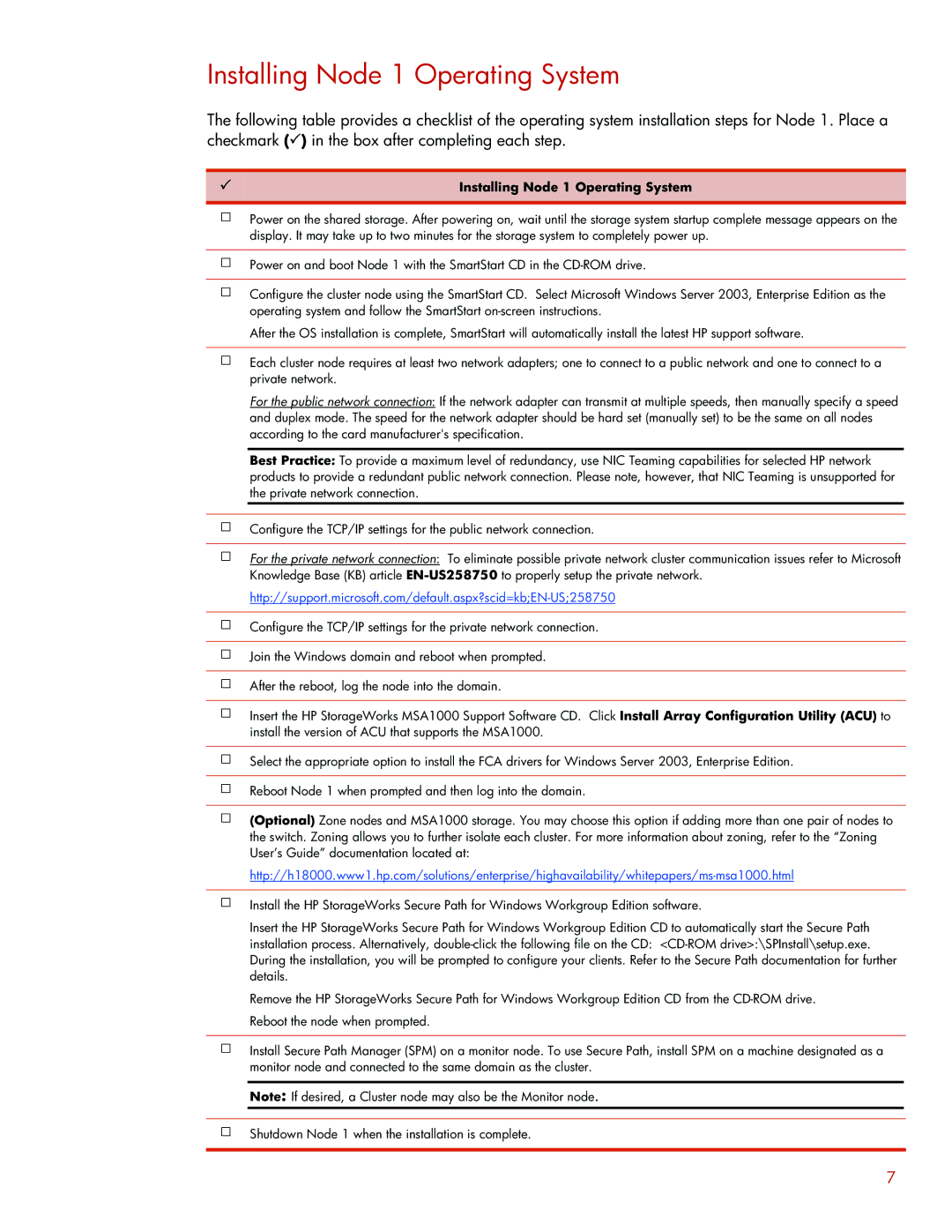 HP Cluster F200 for MSA1000 MSA1000 manual Installing Node 1 Operating System 