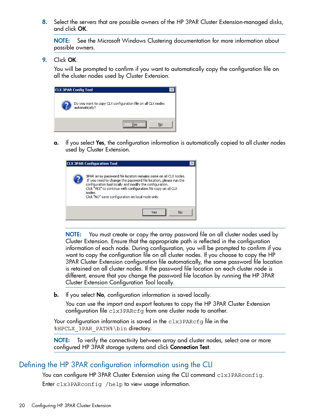 HP Cluster Software manual Defining the HP 3PAR configuration information using the CLI 