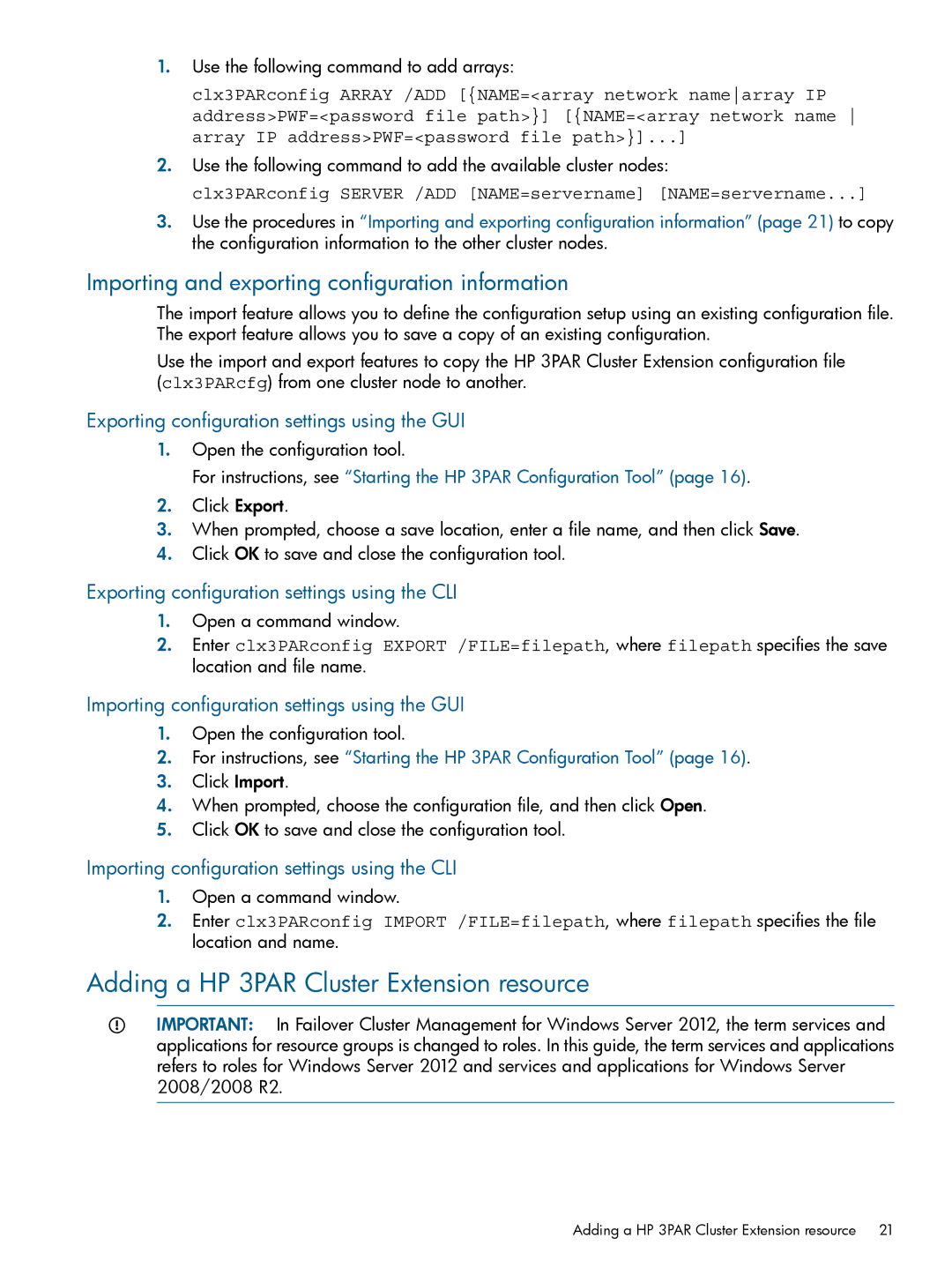 HP Cluster Software manual Adding a HP 3PAR Cluster Extension resource, Importing and exporting configuration information 