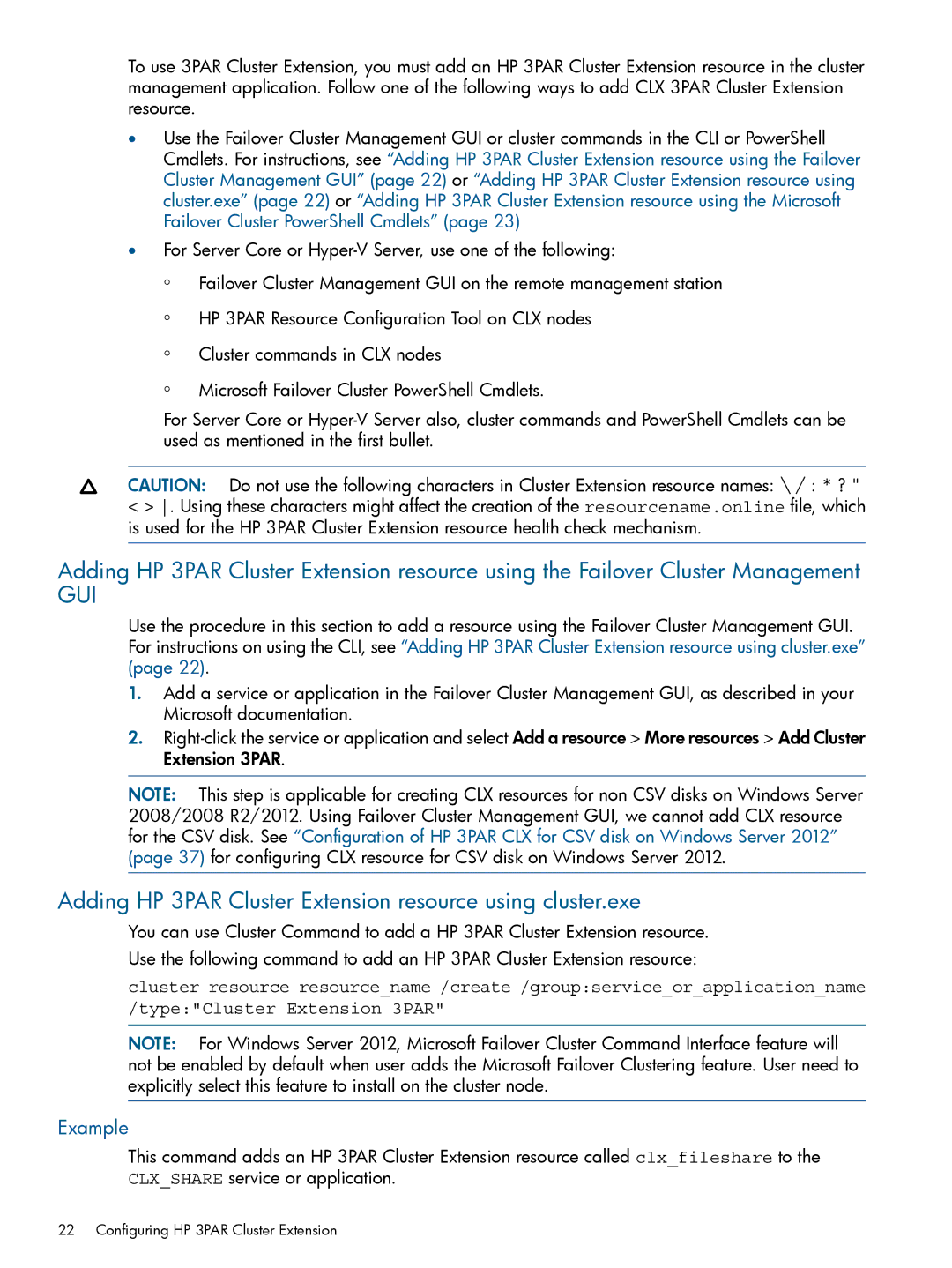 HP Cluster Software manual Adding HP 3PAR Cluster Extension resource using cluster.exe, Example 