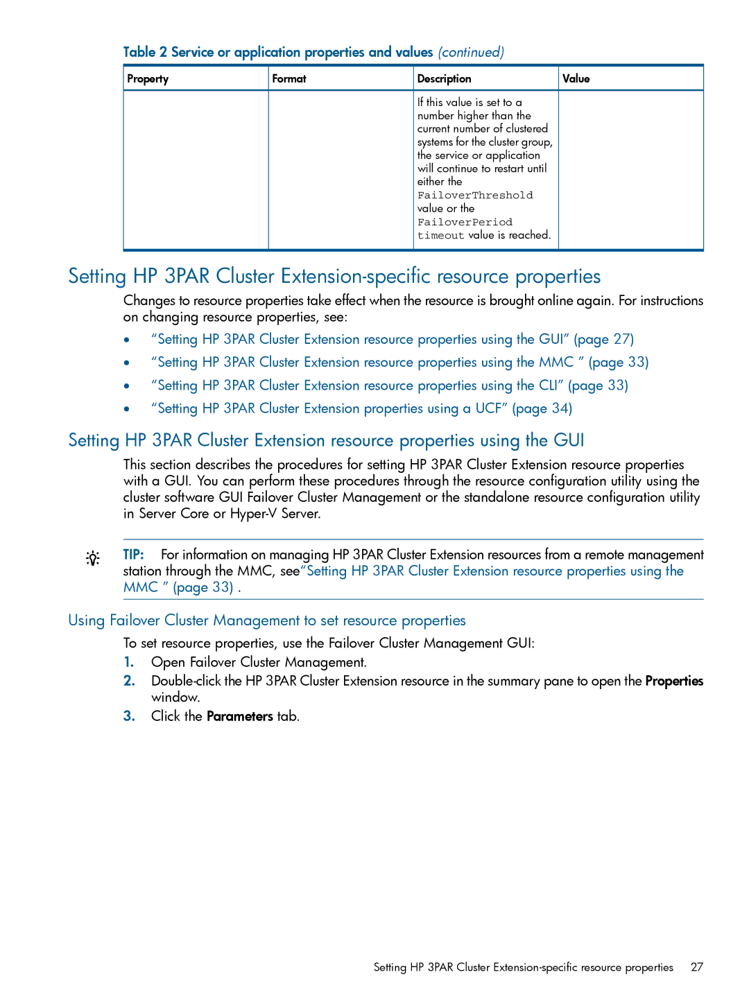 HP Cluster Software manual Using Failover Cluster Management to set resource properties 