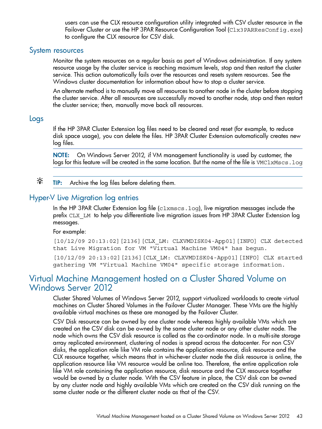 HP Cluster Software manual System resources, Logs, Hyper-V Live Migration log entries 