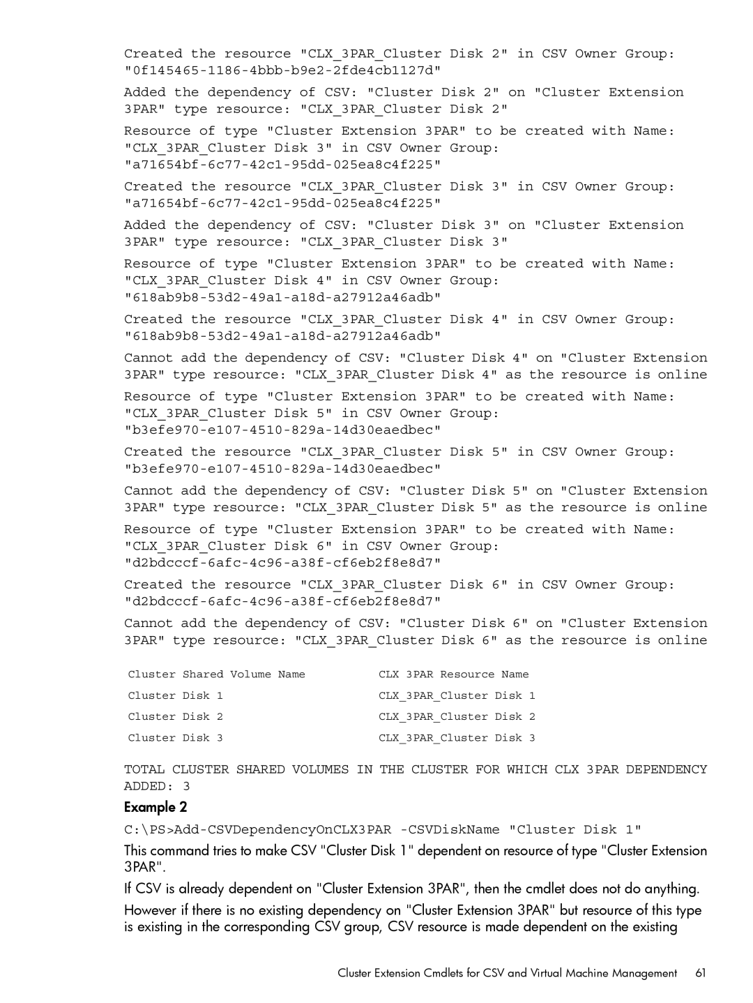 HP Cluster Software manual PSAdd-CSVDependencyOnCLX3PAR -CSVDiskName Cluster Disk 