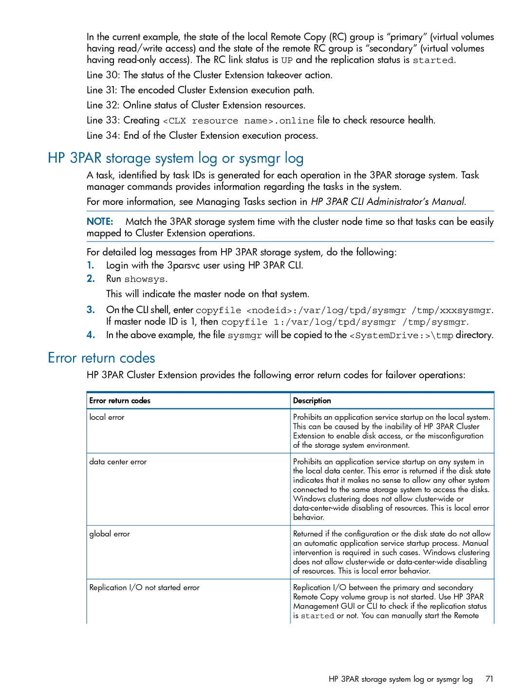 HP Cluster Software manual HP 3PAR storage system log or sysmgr log, Error return codes, Run showsys 