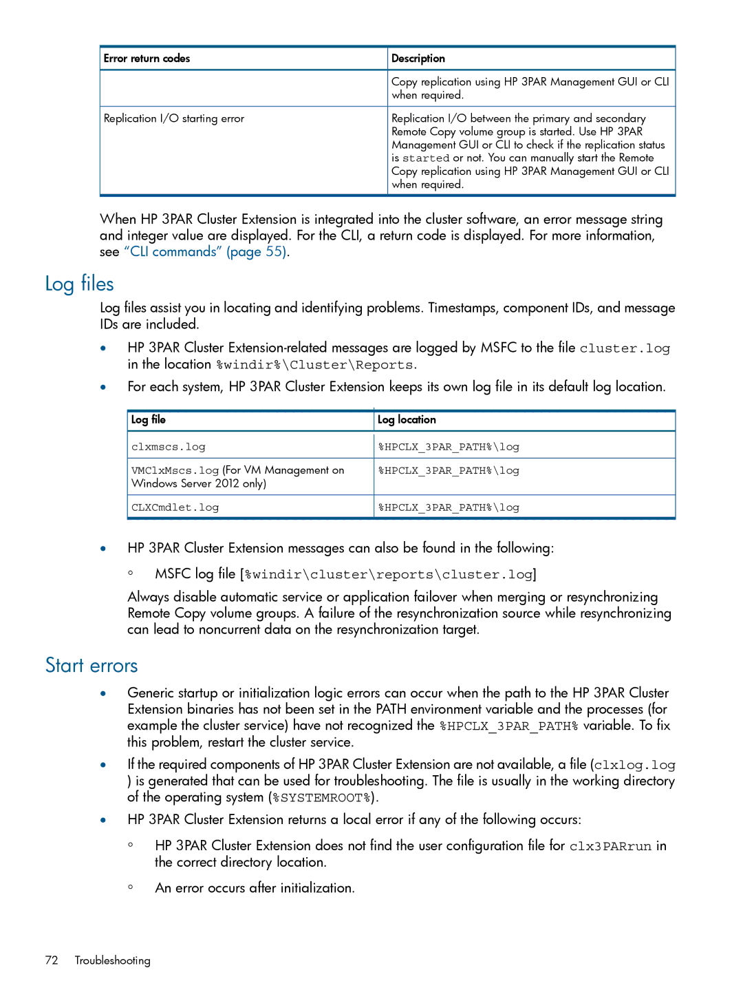 HP Cluster Software manual Log files, Start errors, Msfc log file %windir\cluster\reports\cluster.log 