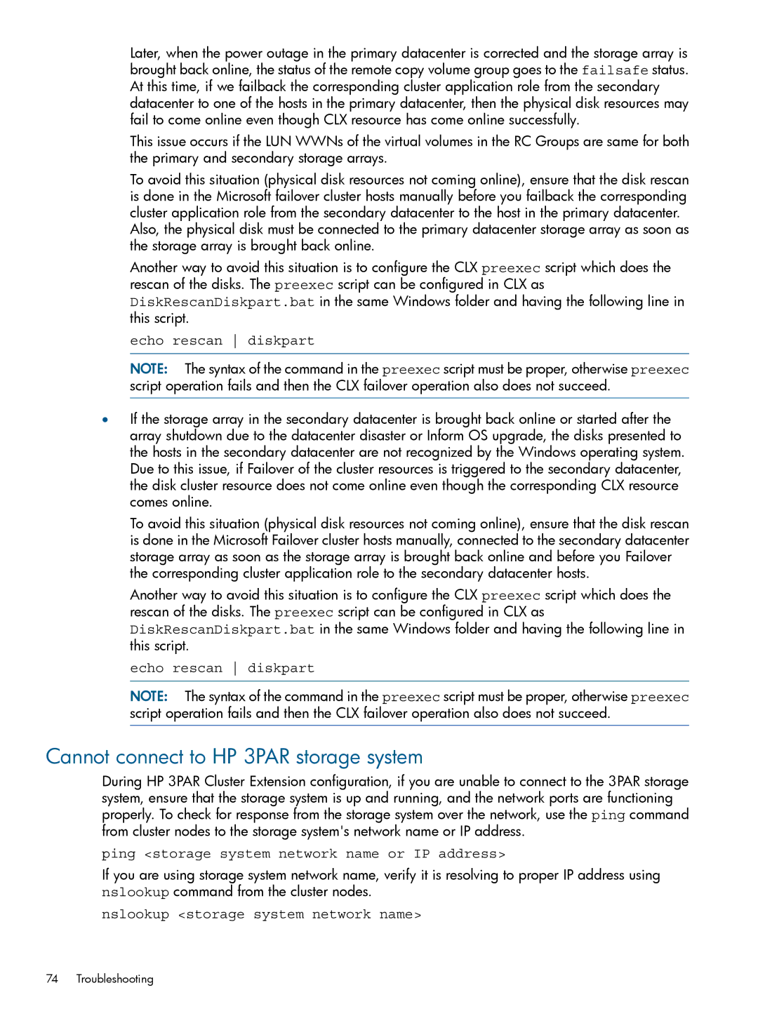 HP Cluster Software Cannot connect to HP 3PAR storage system, Echo rescan diskpart, Nslookup storage system network name 