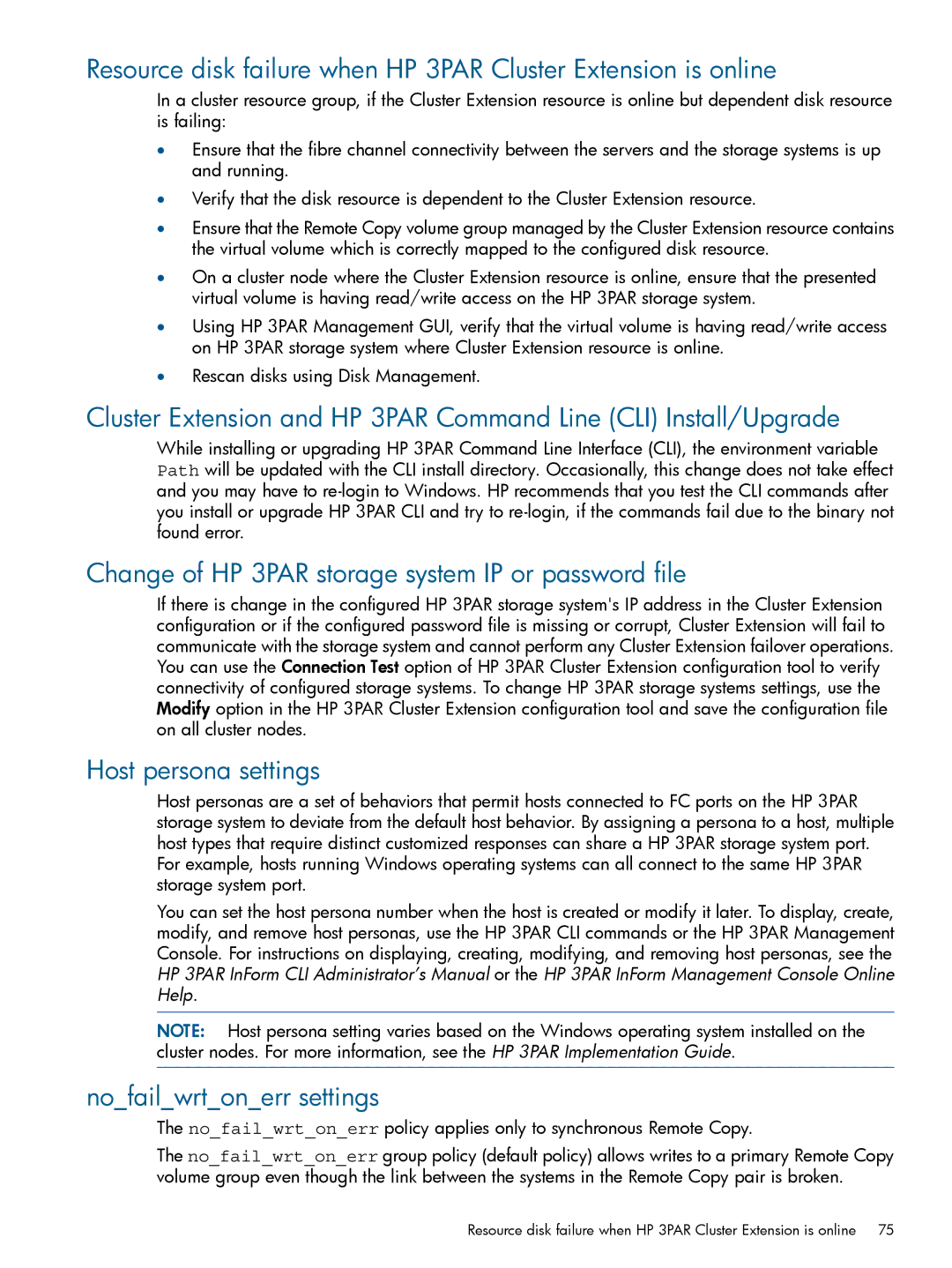 HP Cluster Software Change of HP 3PAR storage system IP or password file, Host persona settings, Nofailwrtonerr settings 