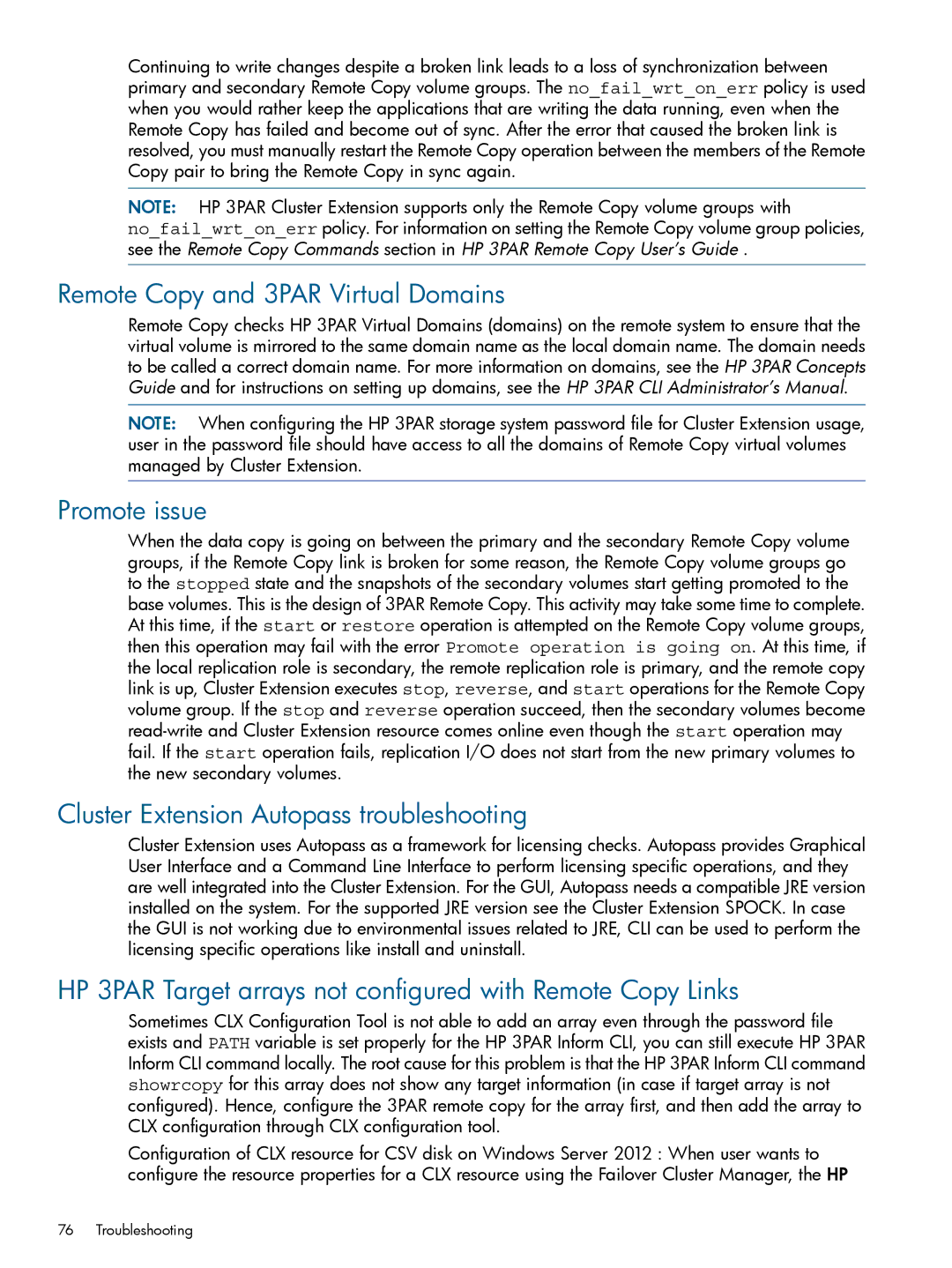 HP Cluster Software manual Remote Copy and 3PAR Virtual Domains, Promote issue, Cluster Extension Autopass troubleshooting 