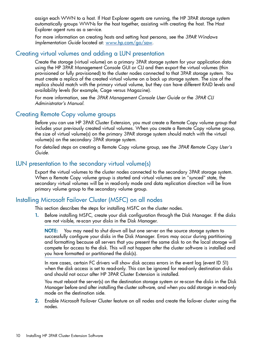 HP Cluster Software manual Creating virtual volumes and adding a LUN presentation, Creating Remote Copy volume groups 