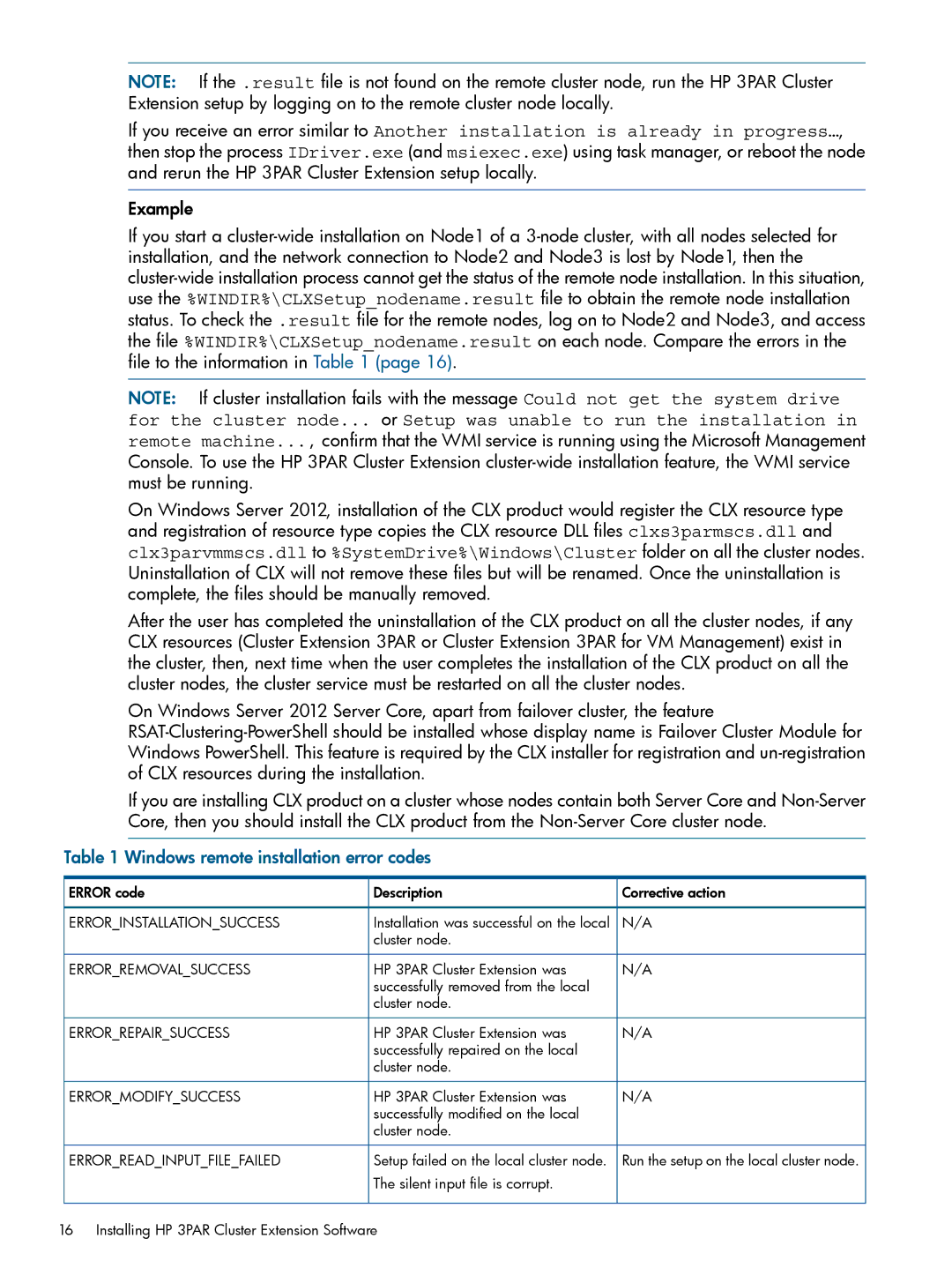 HP Cluster Software manual Windows remote installation error codes 
