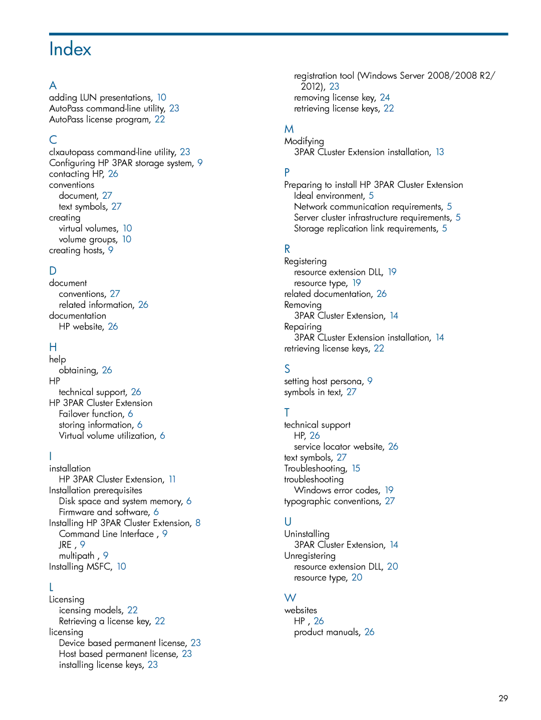 HP Cluster Software manual Index 