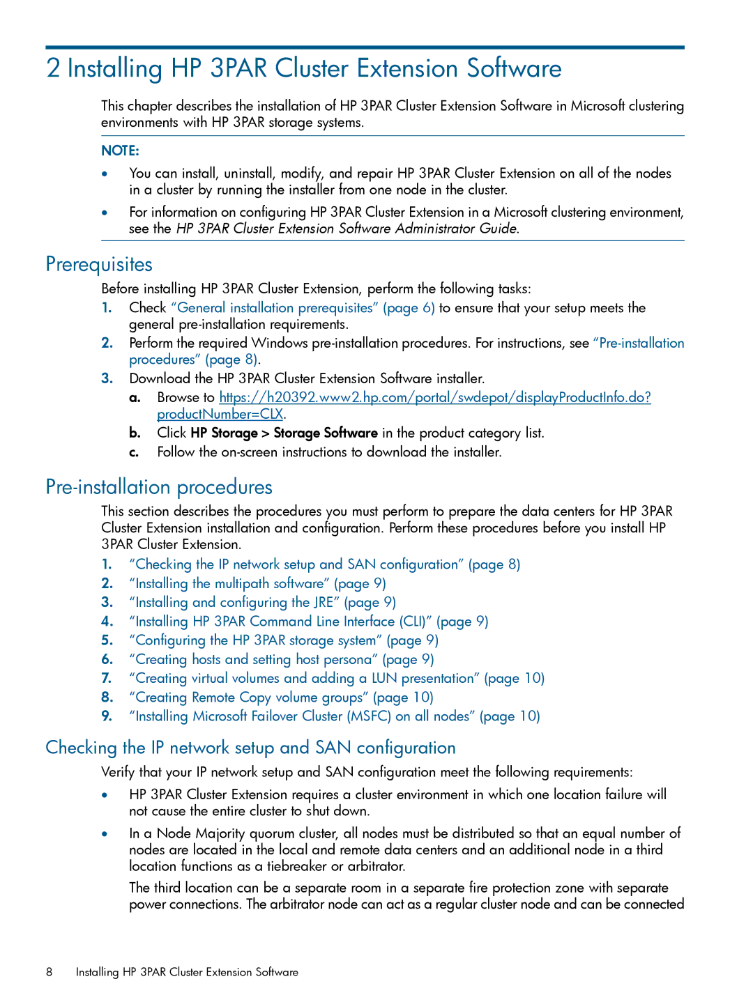 HP Cluster Software manual Installing HP 3PAR Cluster Extension Software, Prerequisites, Pre-installation procedures 