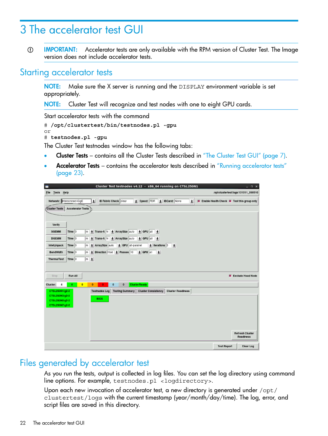 HP Cluster Test Software manual Accelerator test GUI, Starting accelerator tests, Files generated by accelerator test 